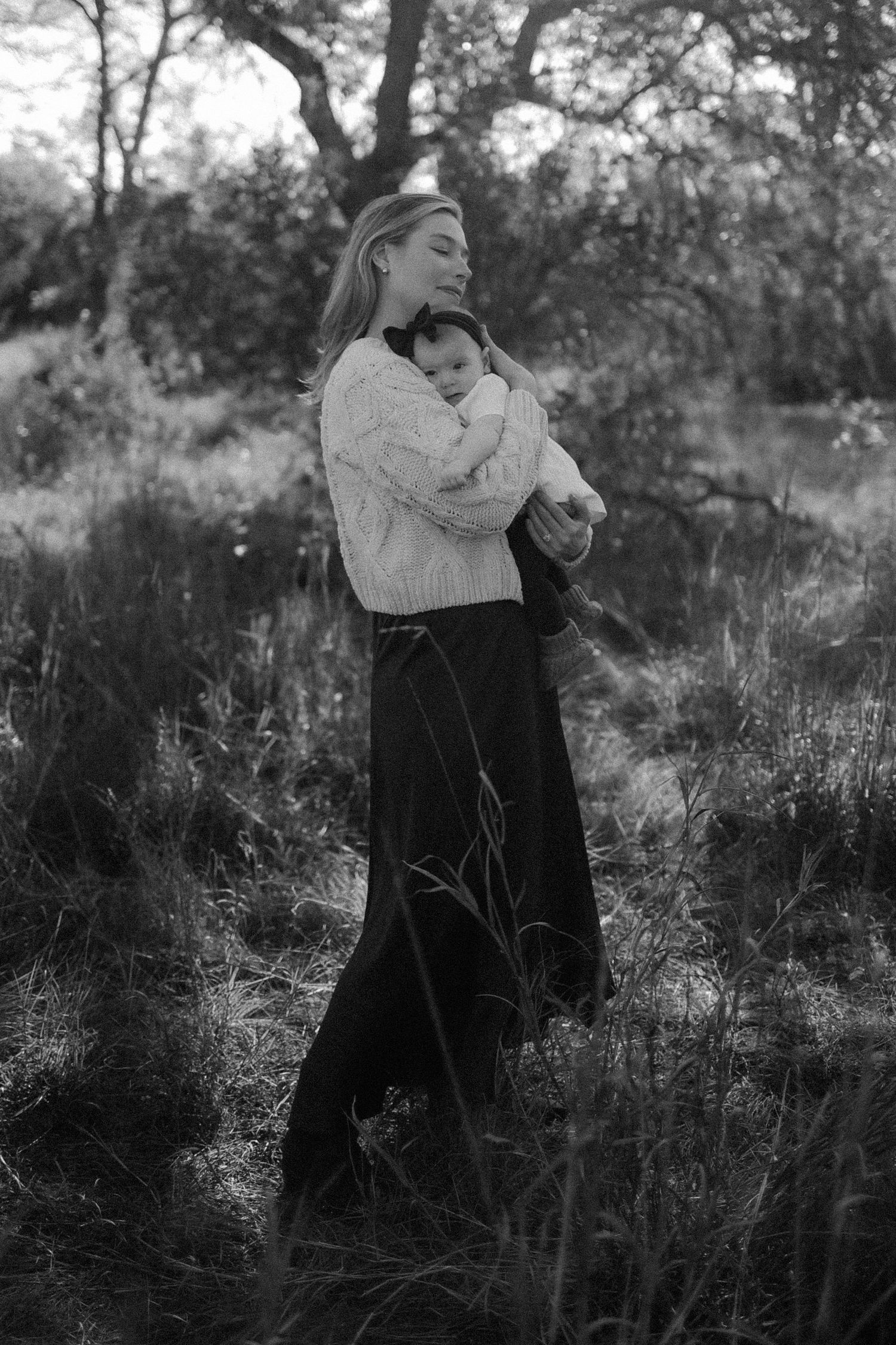 mother and baby portrait, black and white, texas hill country