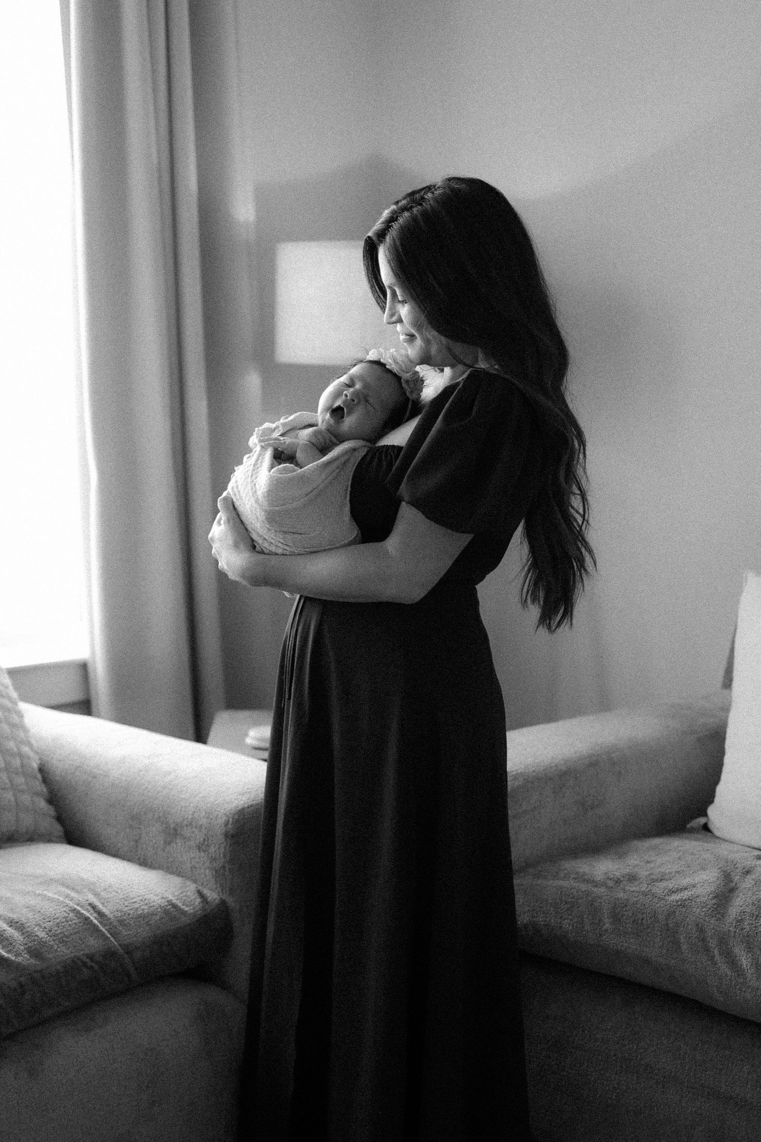 newborn baby and mom portrait black and white, in-home
