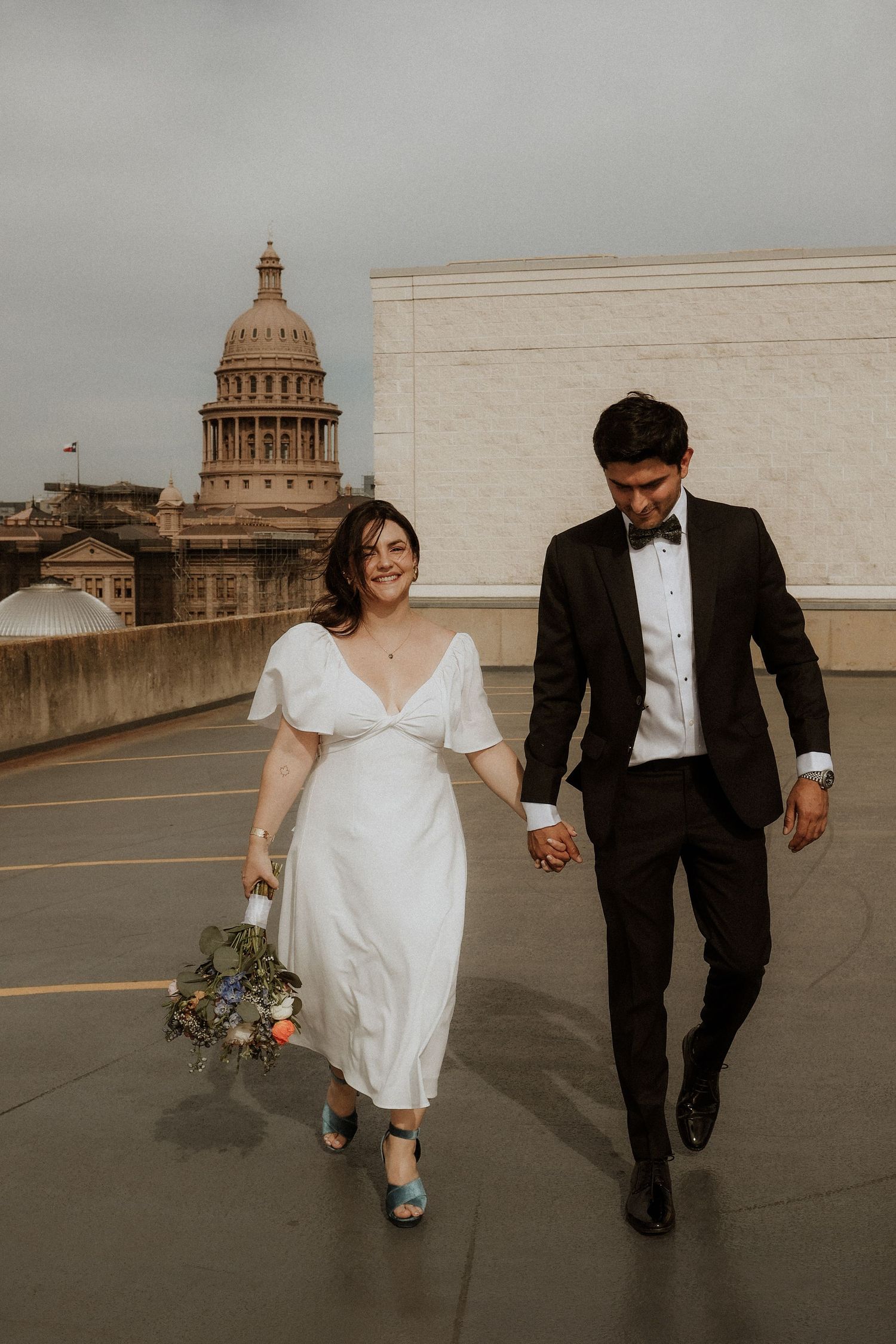 couple, wedding, photoshoot, texas capitol, rooftop downtown austin
