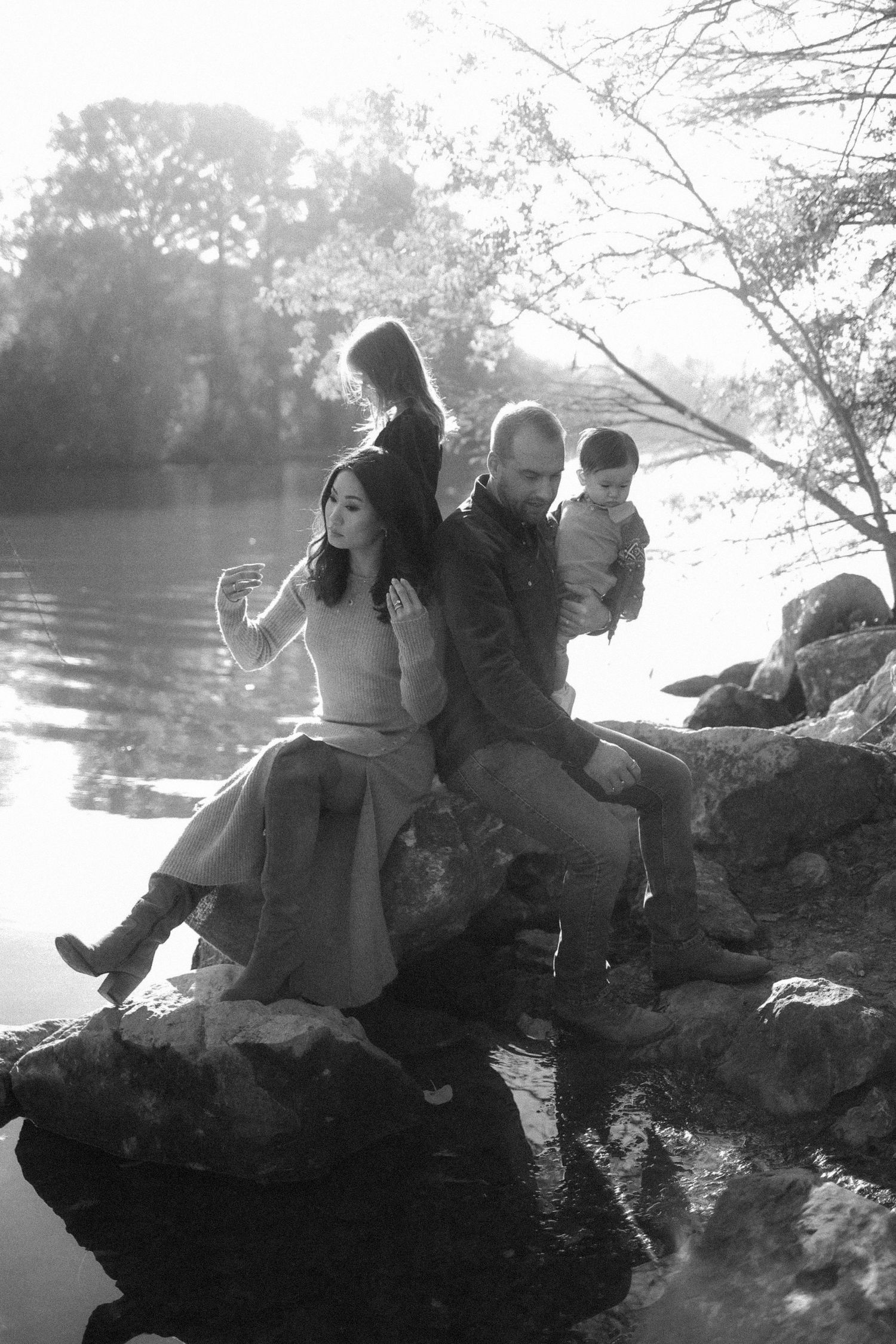 black and white family picture red bud isle austin texas aesthetic