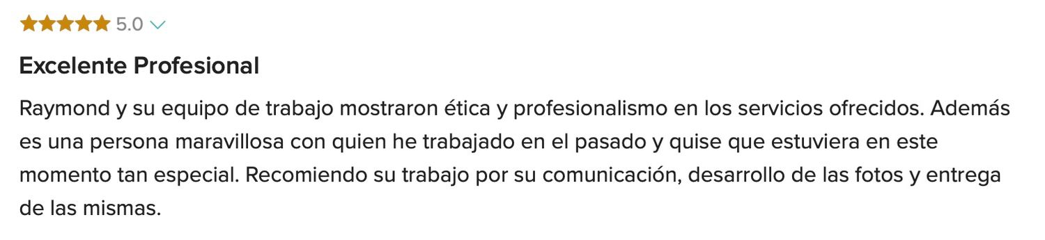 Five-star Spanish review titled Excelente Profesional praising Raymond Vega and his team for ethics and professionalism.