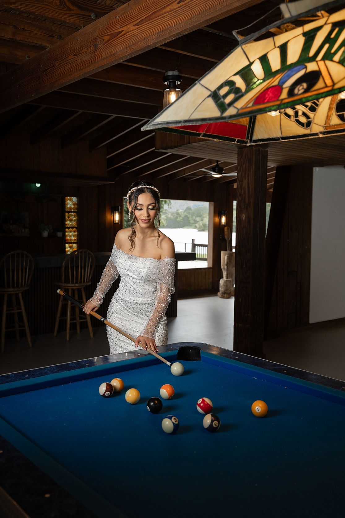 Creative bride portrait at billiard table — unique wedding photography Puerto Rico Raymond Vega