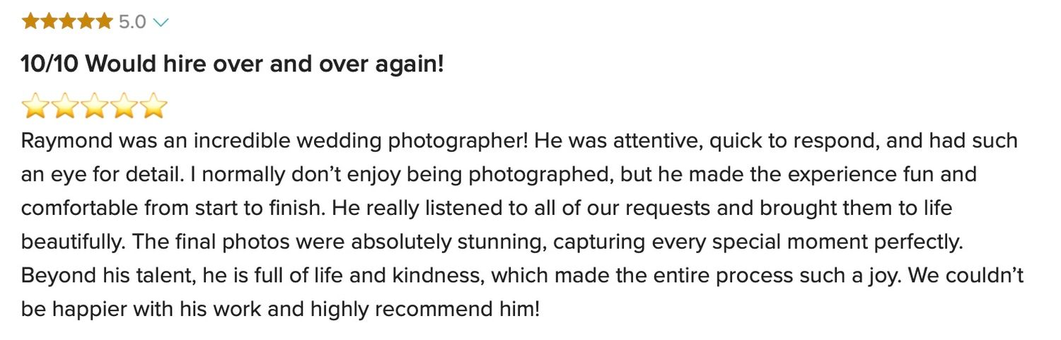 Five-star review praising Raymond Vega as an incredible wedding photographer who made the experience joyful.