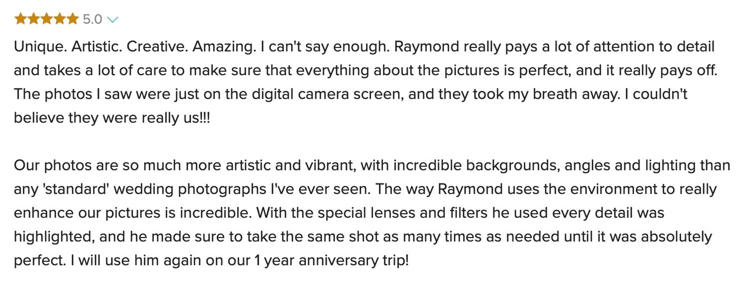 Five-star review praising Raymond's artistic wedding photography with vibrant colors and incredible backgrounds.