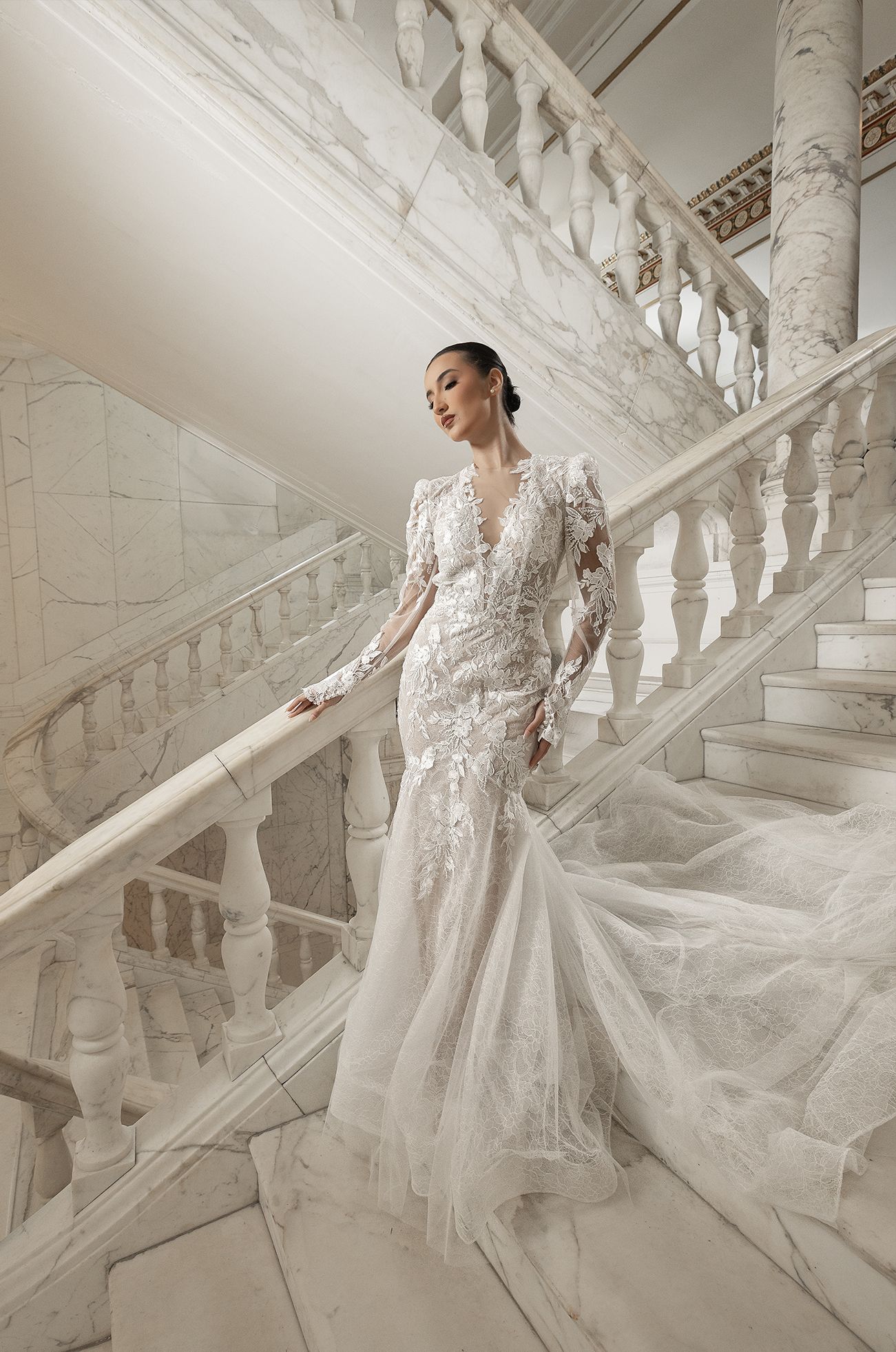 Bride on marble staircase at Capitol Building Puerto Rico — destination wedding photographer Raymond Vega