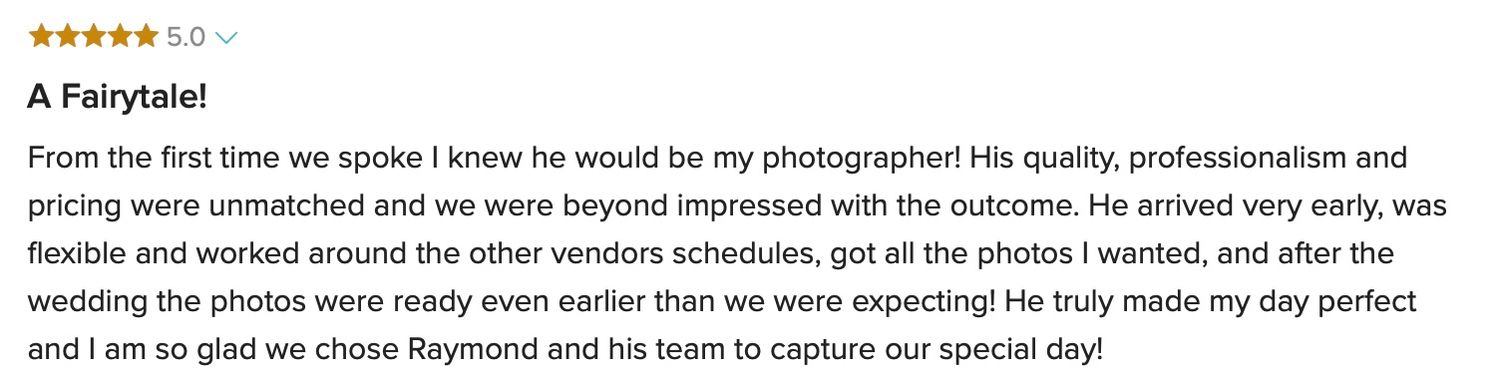 Five-star review calling Raymond Vega a fairytale wedding photographer known for professionalism and early photo delivery.