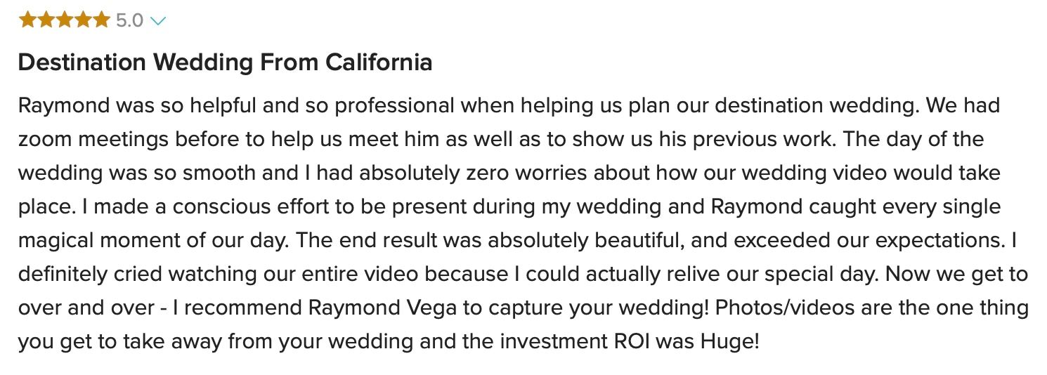 Five-star review praising Raymond Vega for professional destination wedding photography and videography in California.