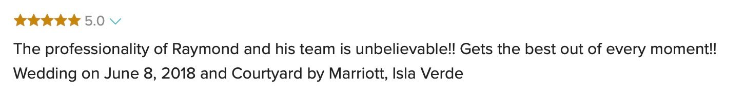 Five-star review praising Raymond and his team's professionalism at Courtyard Marriott, Isla Verde.