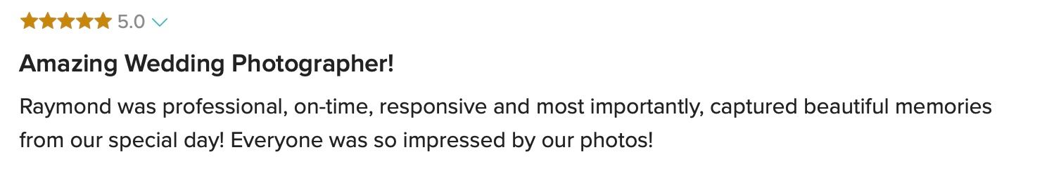 Five-star review praising Raymond as an amazing wedding photographer who captured beautiful memories.