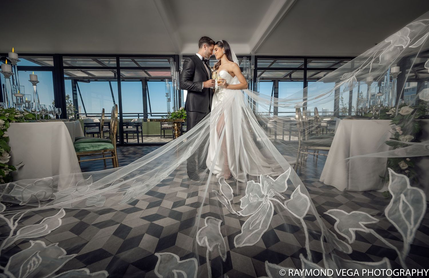Bride and groom elegant portrait with dramatic veil Puerto Rico wedding Don Rafa Venue— Raymond Vega Photography