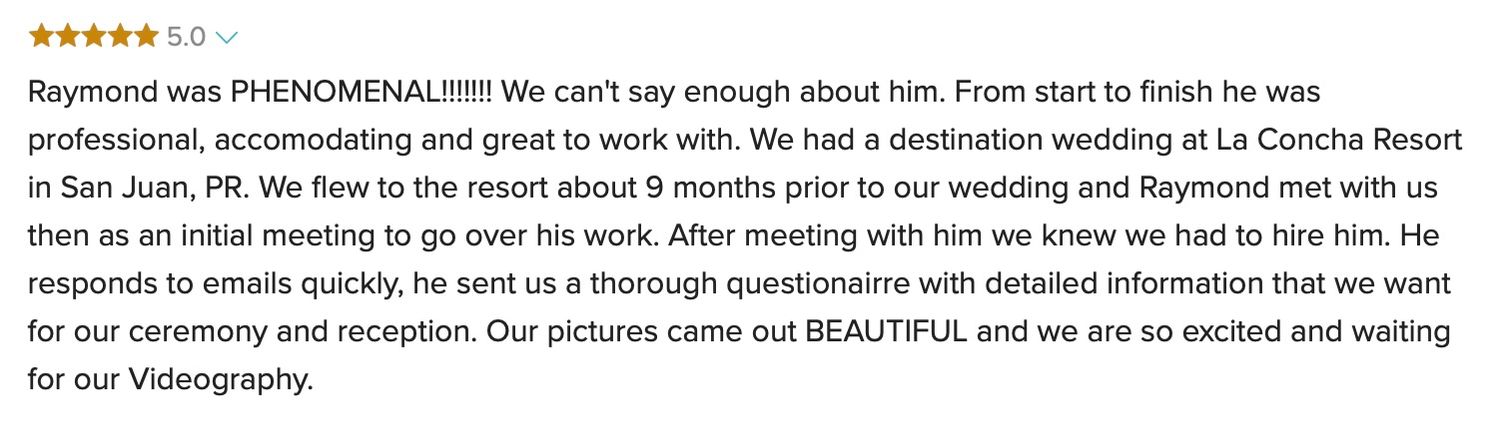 Five-star review raving about Raymond's phenomenal destination wedding photography at La Concha Resort. Raymond Vega Photography + Cinema