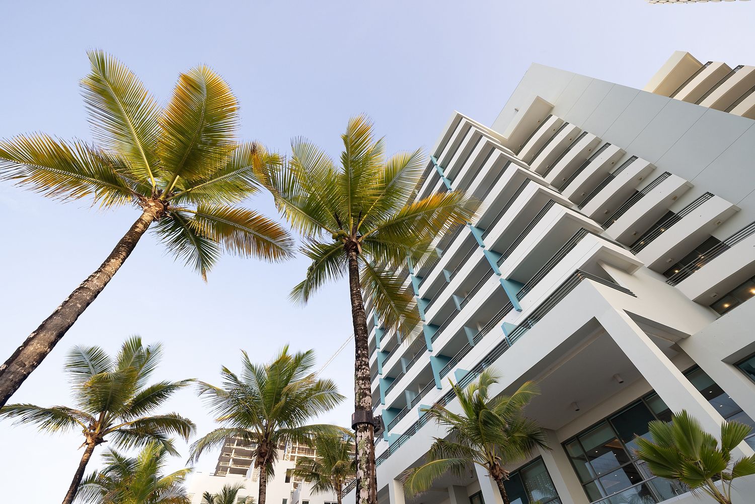 Low-angle view of a modern white beachfront hotel La Concha Wedding with tropical palm trees against a blue sky.