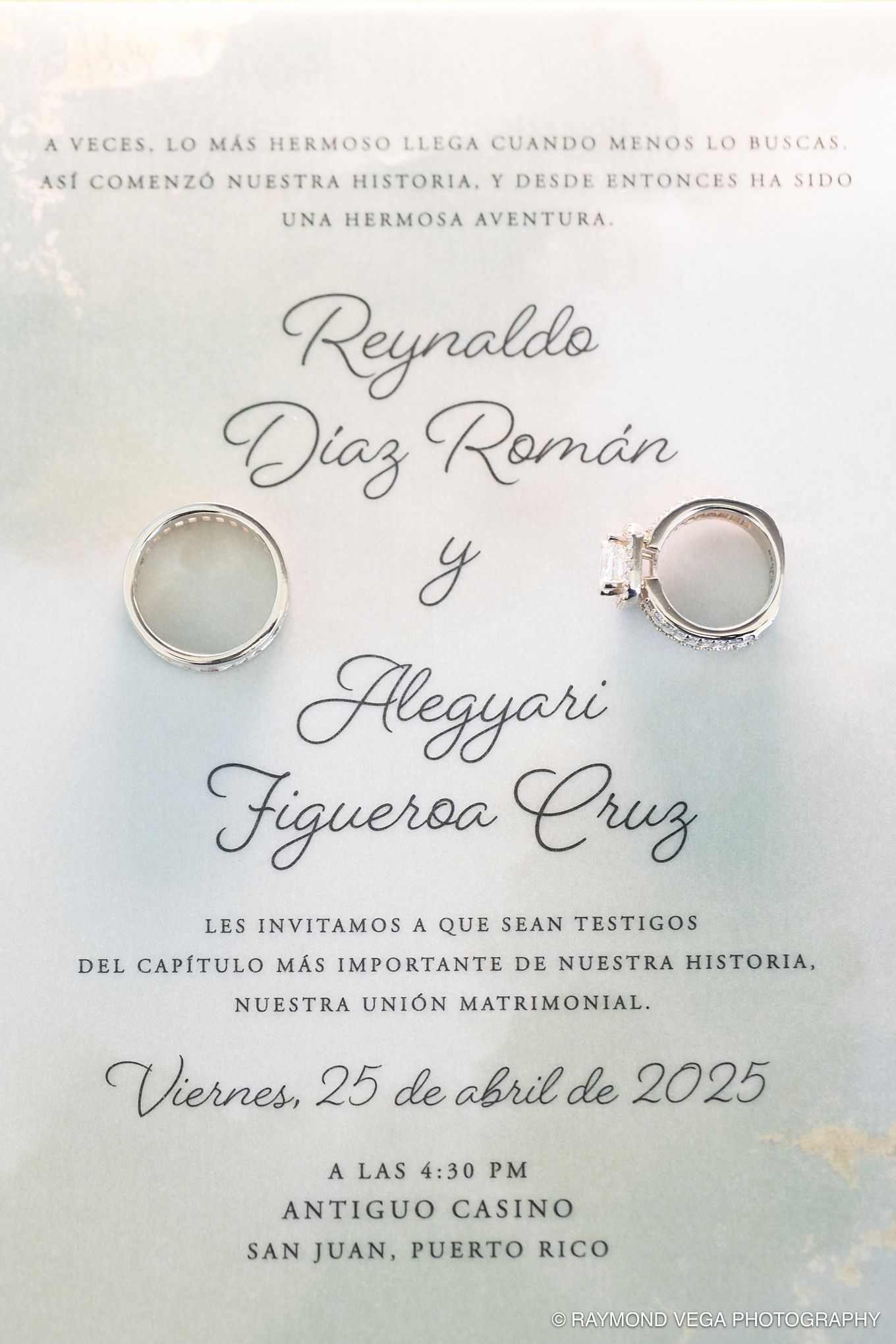 Wedding invitation for Reynaldo Diaz Roman and Alegyari Figueroa Cruz on April 25, 2025, at Antiguo Casino, San Juan, Puerto Rico.