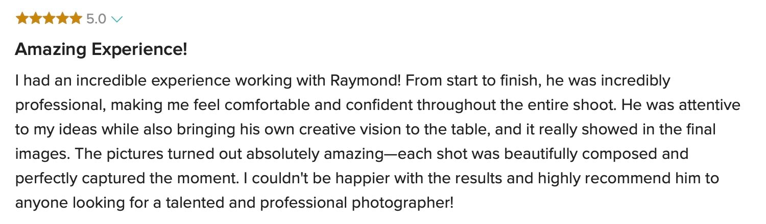 Five-star review praising Raymond Vega as an incredibly talented and professional photographer.