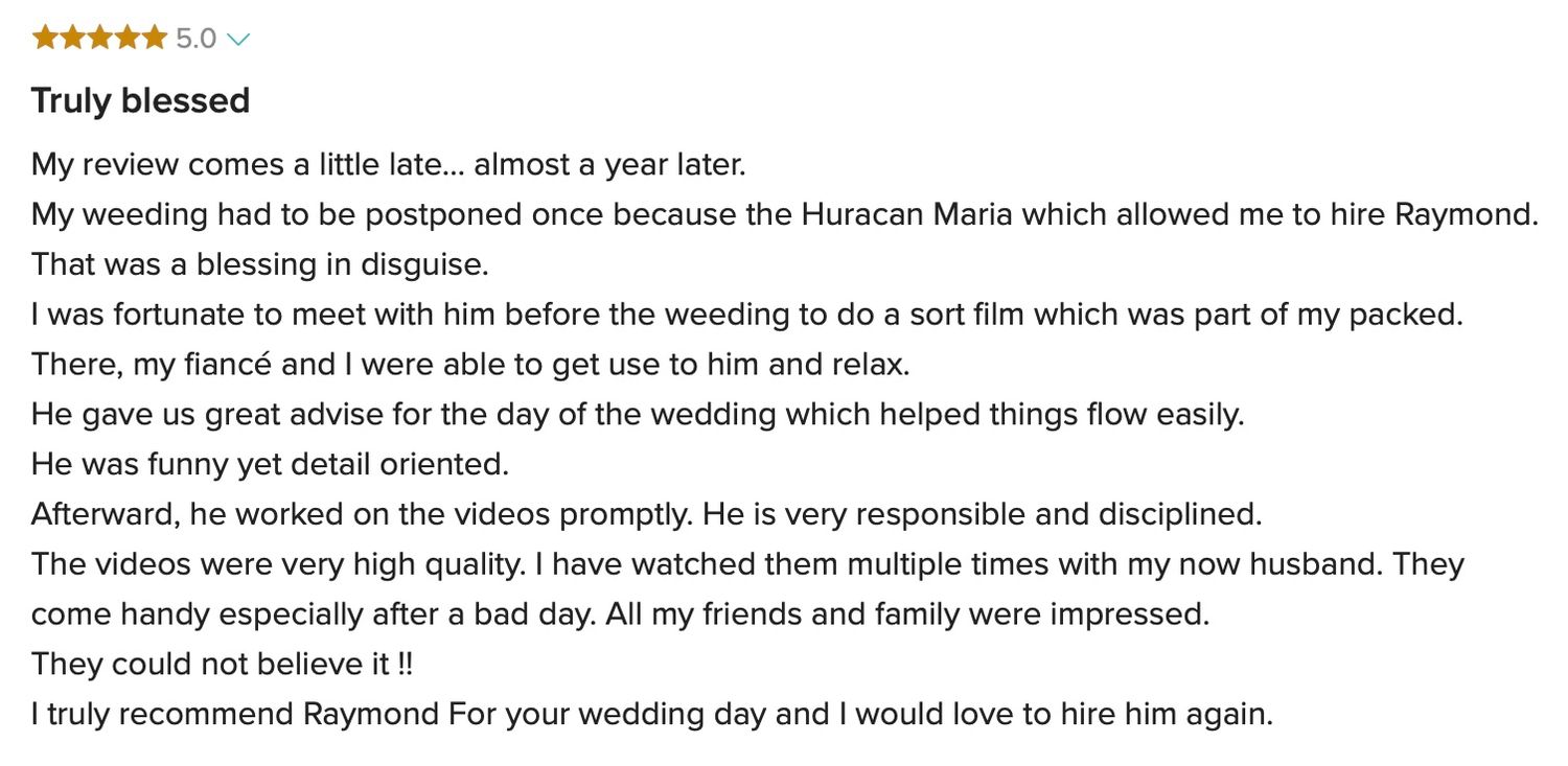 Five-star review recommending Raymond as a responsible and disciplined wedding photographer post-Hurricane Maria.