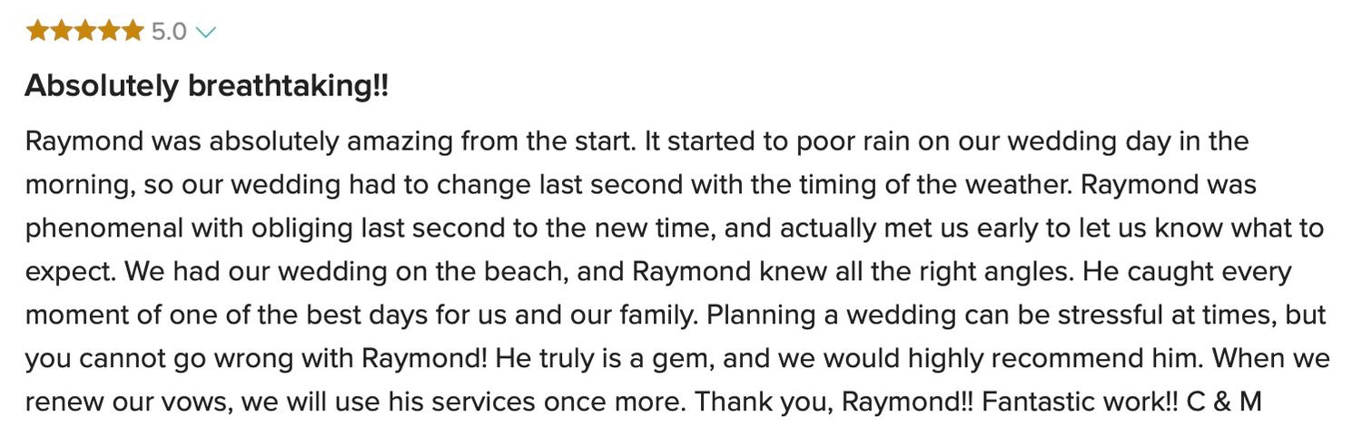 Five-star review praising Raymond for breathtaking beach wedding photography despite unexpected rain on the wedding day.