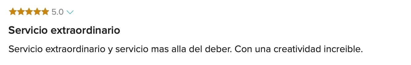 Five-star Spanish review titled Servicio extraordinario praising Raymond Vega for extraordinary service and creativity.