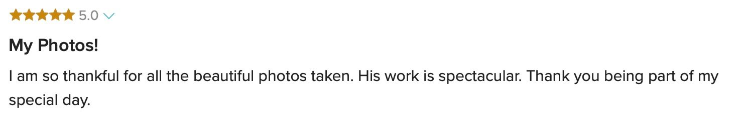 Five-star review expressing gratitude for beautiful photos taken by a spectacular wedding photographer.