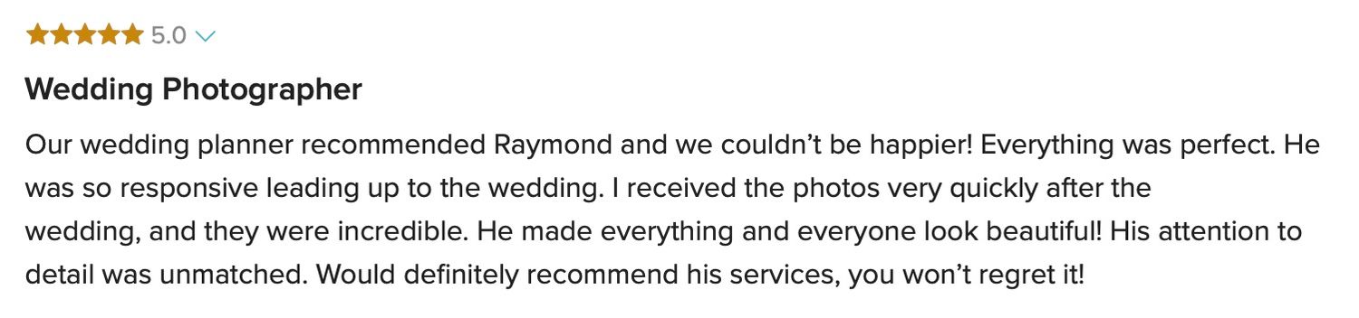 Five-star review praising Raymond for perfect wedding photography recommended by their wedding planner.