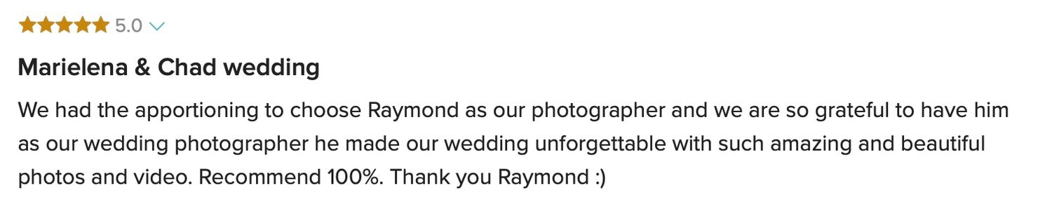 Five-star review from Marielena and Chad praising Raymond as their wedding photographer and videographer.