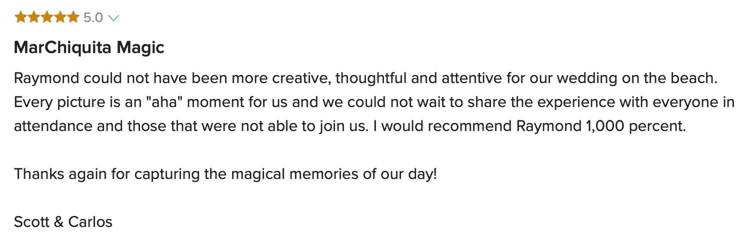 Five-star review praising Raymond's creative and attentive beach wedding photography services.