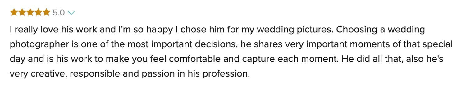 Five-star wedding photographer review praising creativity, professionalism, and ability to capture special moments perfectly.