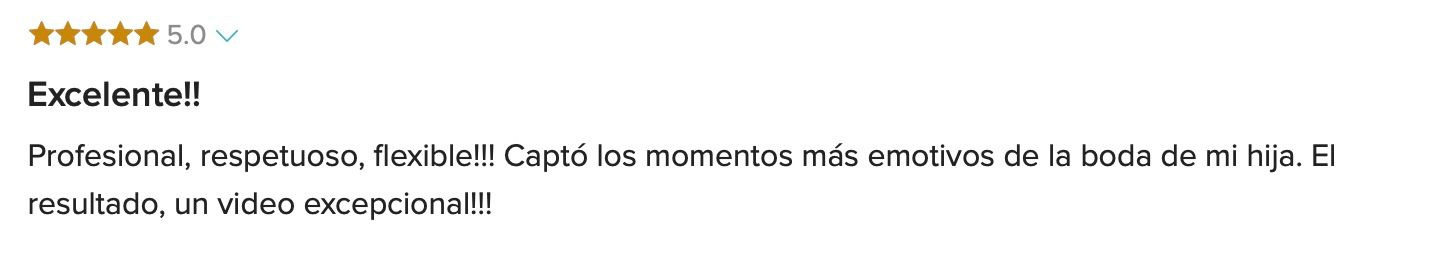 Five-star review praising a professional, respectful, and flexible wedding videographer who captured emotional moments.