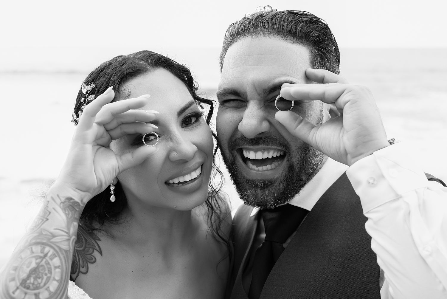 Fun couple showing wedding rings black and white portrait Puerto Rico — Raymond Vega Photography