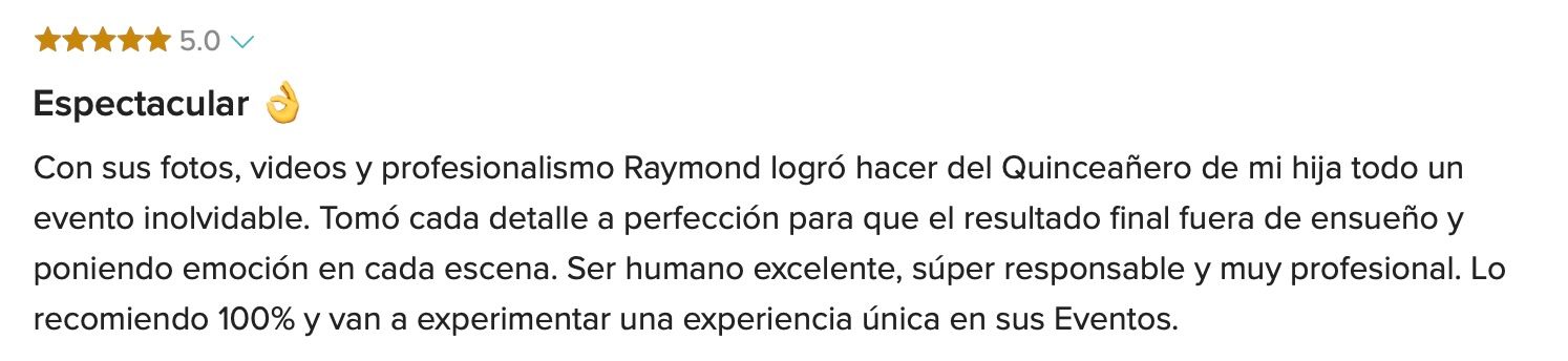 Five-star review in Spanish praising Raymond's photos and professionalism at a Quinceanera event.