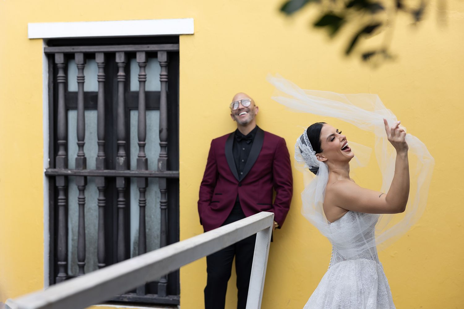 Couple portrait yellow wall Old San Juan destination wedding — Raymond Vega Photography Puerto Rico