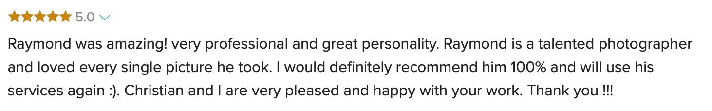 Five-star review describing Raymond as a talented, professional, and highly recommended photographer.