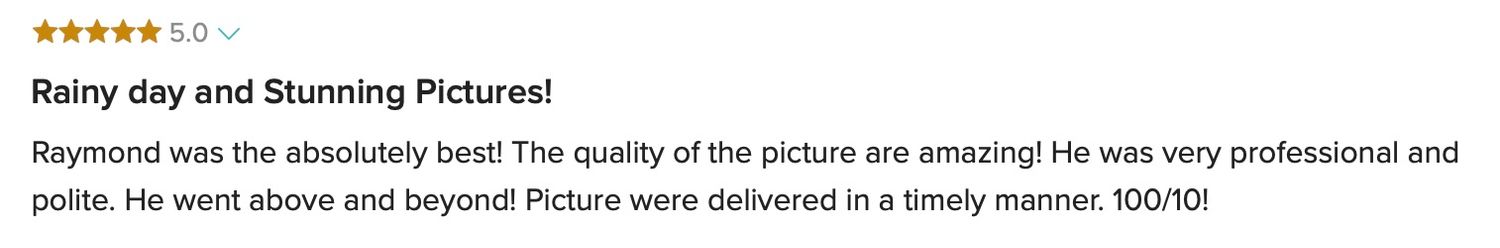 Five-star customer review praising Raymond for stunning rainy day wedding pictures and professional service.