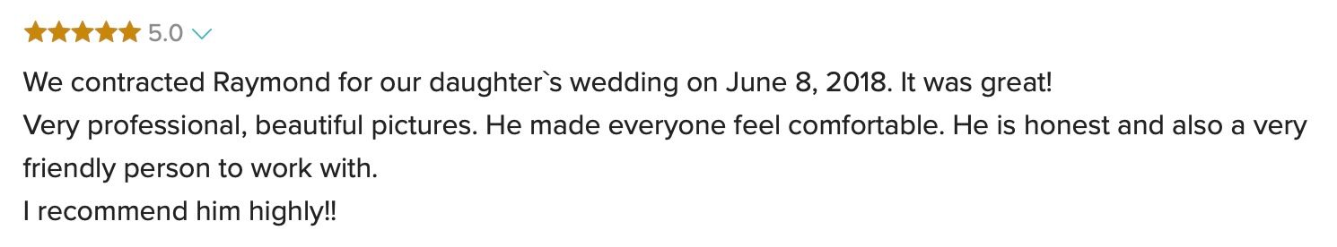 Five-star review praising Raymond's beautiful photography at a daughter's June 2018 wedding.