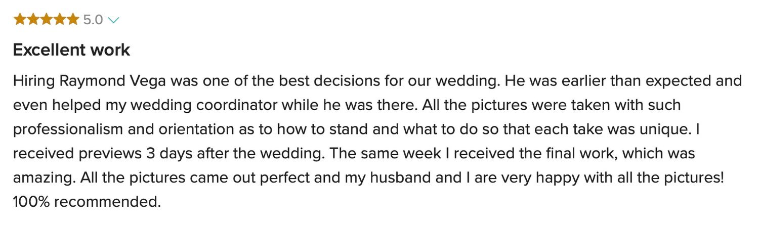 Five-star review praising Raymond Vega for excellent wedding coordination and perfect photo results.