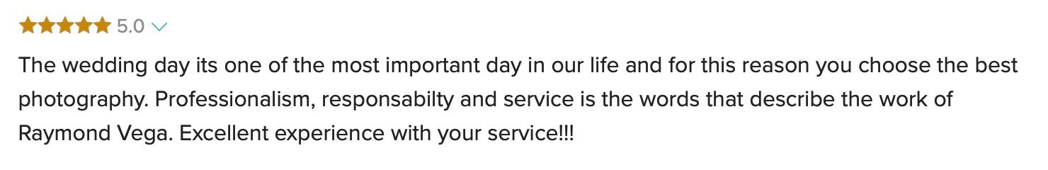 Five-star review describing Raymond Vega's wedding photography service as professional, responsible and experienced.
