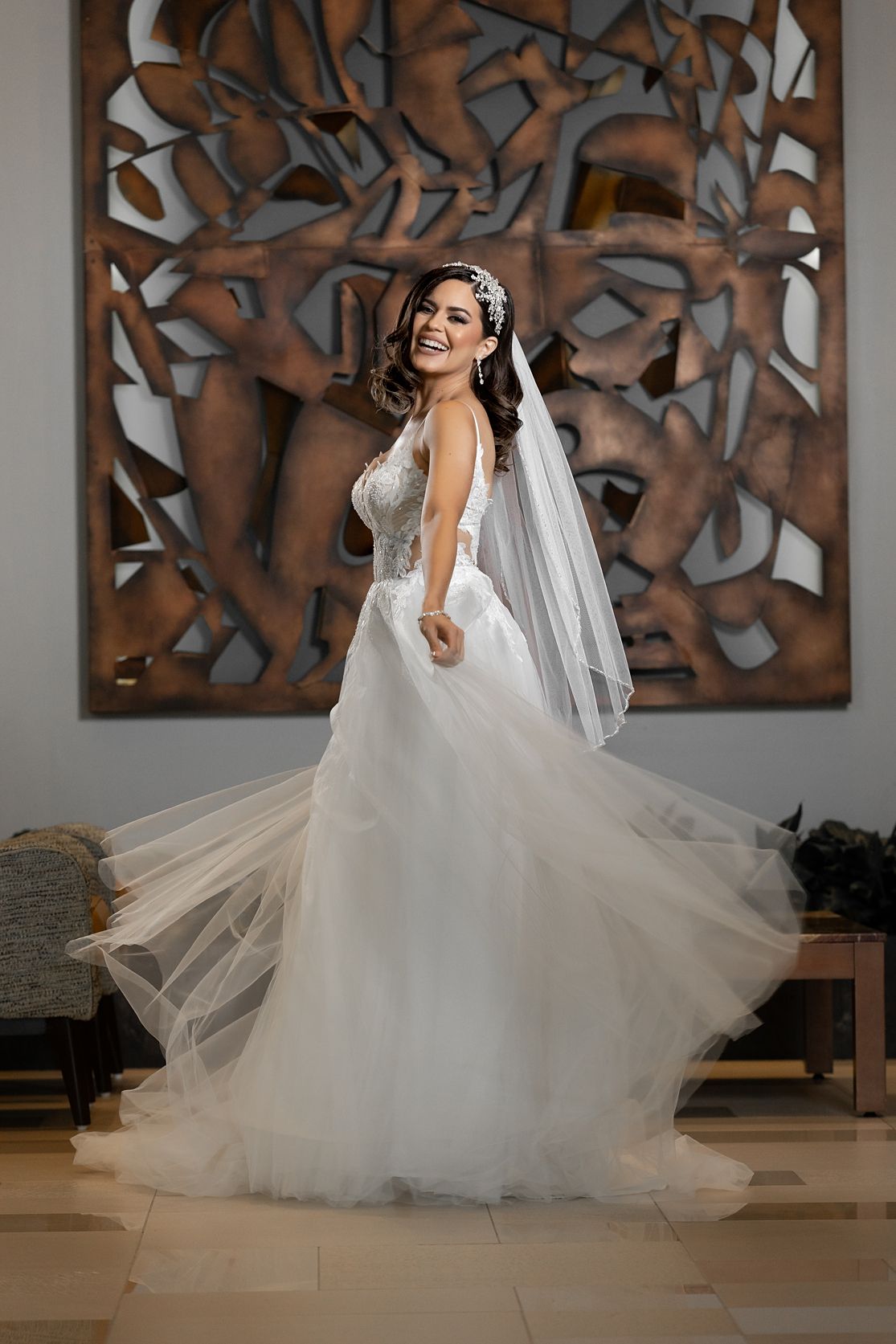 Bride portrait with carved wood mural backdrop — destination wedding photographer Puerto Rico Raymond Vega