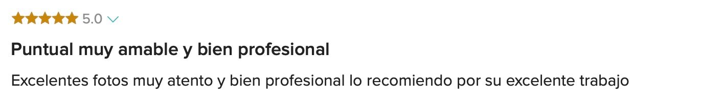 Five-star Spanish review praising Raymond Vega's punctuality, professionalism, and excellent wedding photography work.