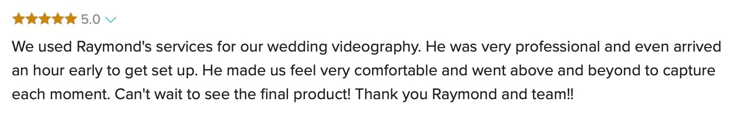 Five-star Google review praising Raymond's professional wedding videography services and ability to capture special moments.