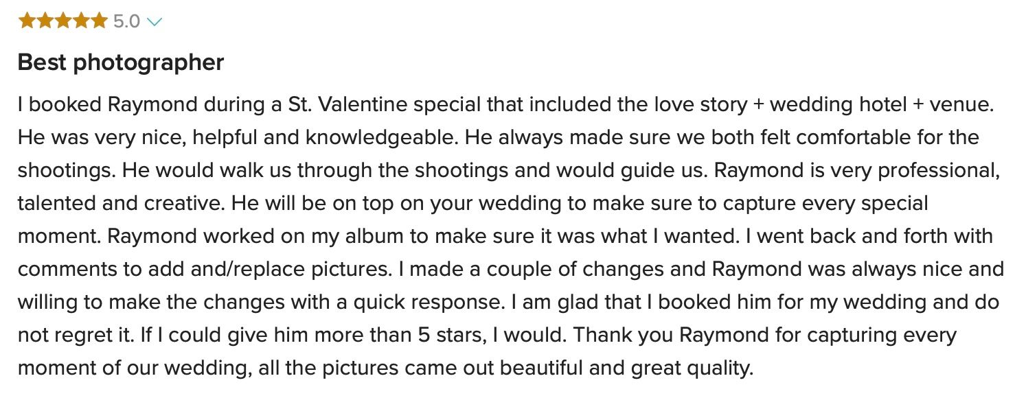 Five-star review praising Raymond as a knowledgeable St. Valentine wedding photographer who captured every moment.
