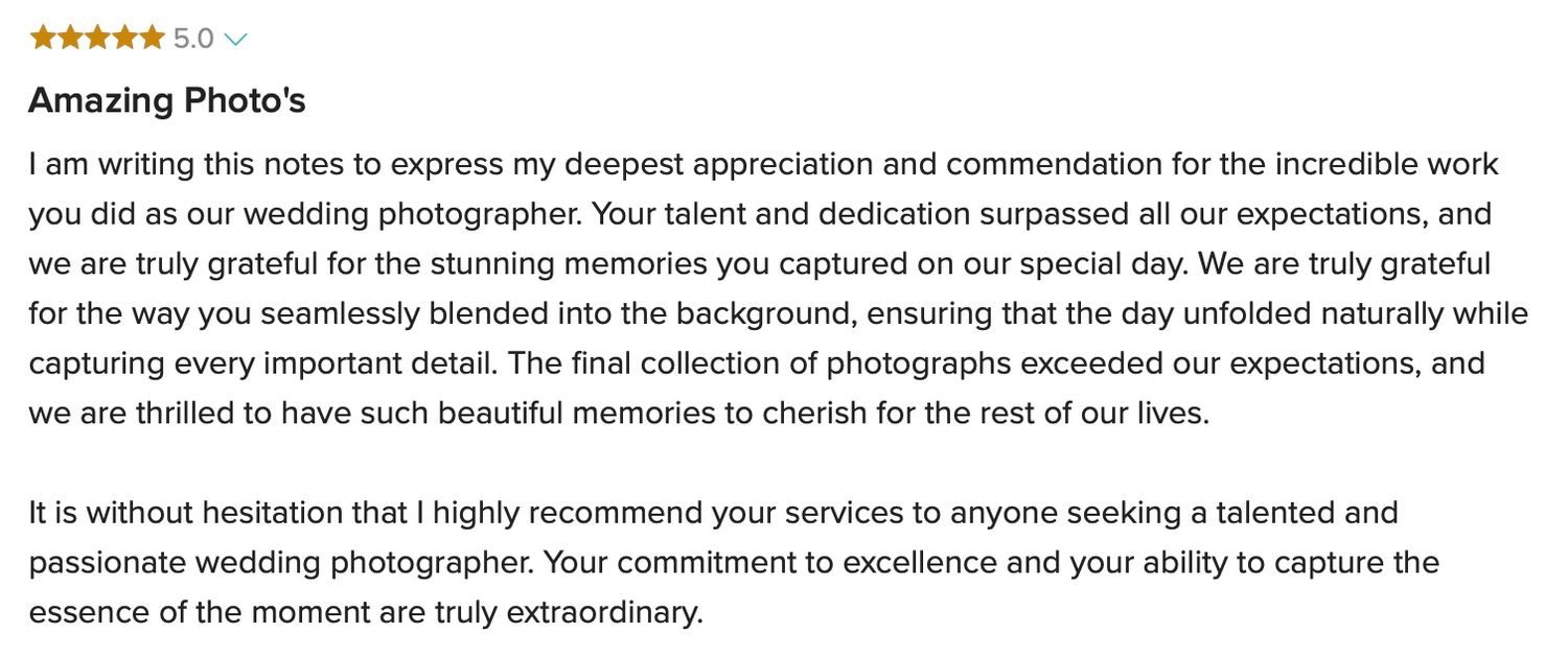 Five-star review commending Raymond Vega's wedding photography talent, dedication, and ability to capture special moments.