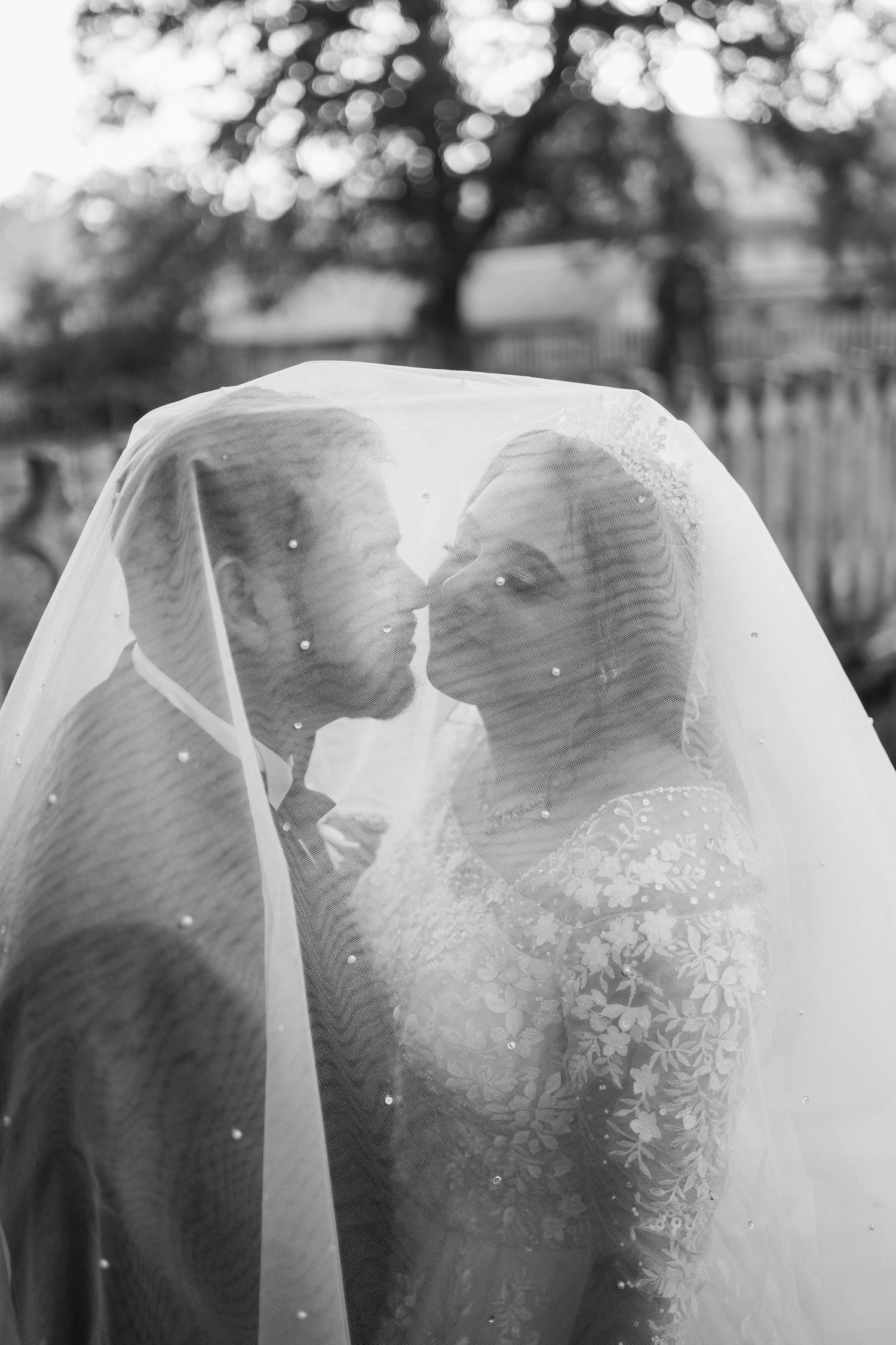 A romantic black and white wedding portrait of a couple sharing an intimate moment under a delicate veil.