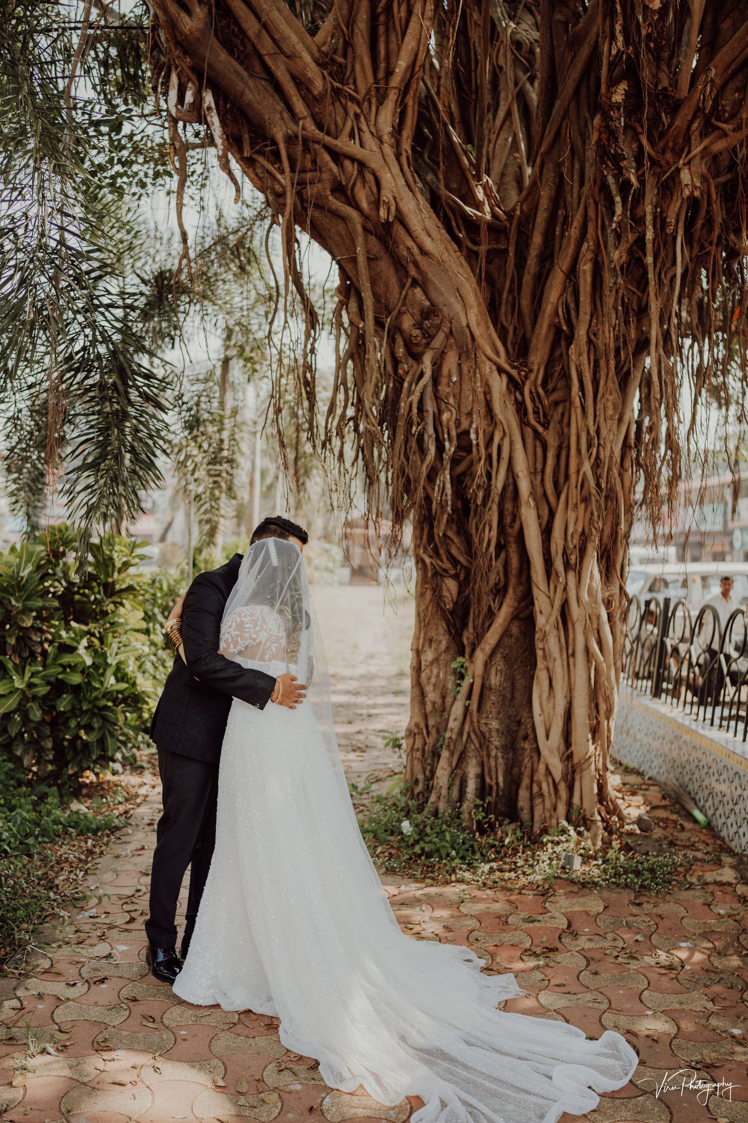 A couple in wedding attire share an intimate moment under a majestic banyan tree with hanging vines.