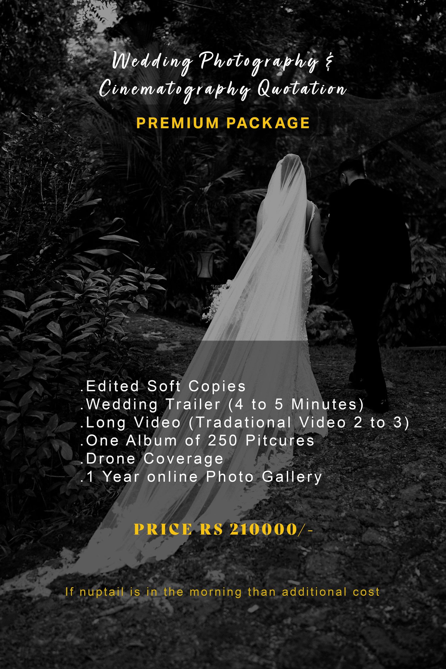 Black and white wedding photography premium package quotation card with couple walking in garden, priced at RS 210000.