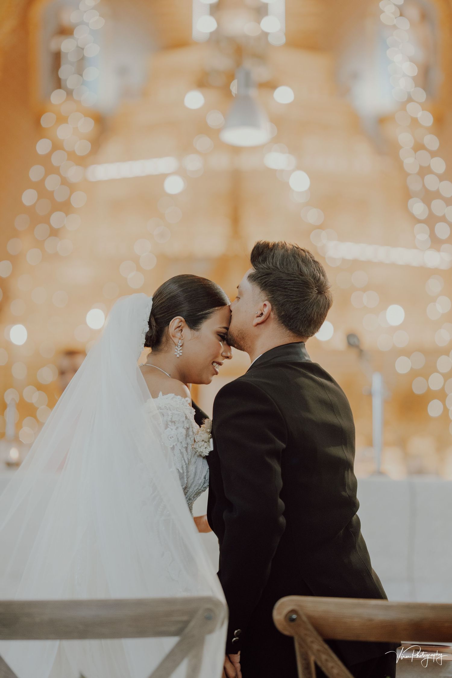 A romantic wedding moment with twinkling lights and warm ambiance creating a dreamy atmosphere.