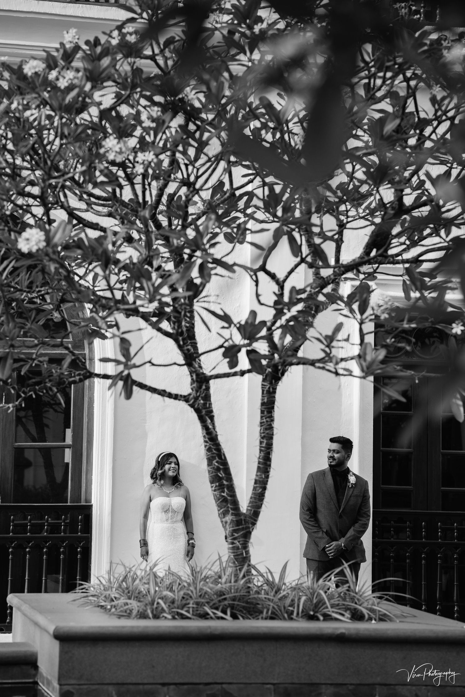 A black and white artistic wedding photo with a couple standing on opposite sides of a decorative tree in formal attire.