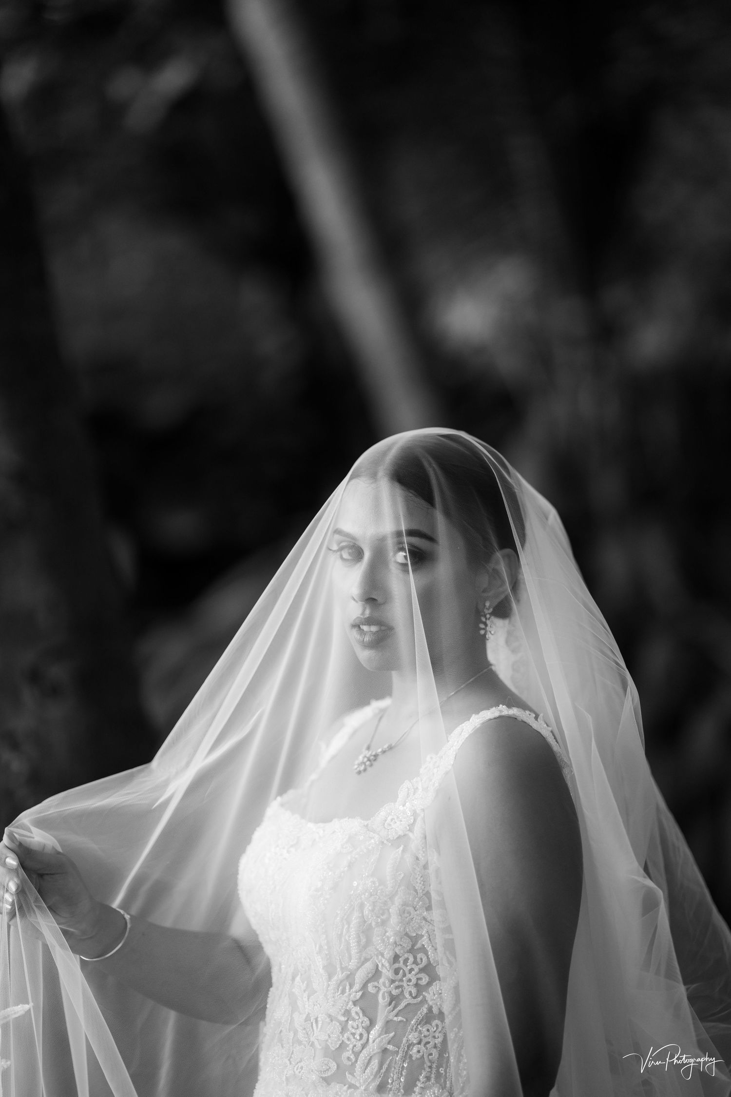 A bride in a beautiful lace wedding dress poses under a sheer white veil in an ethereal black and white portrait.