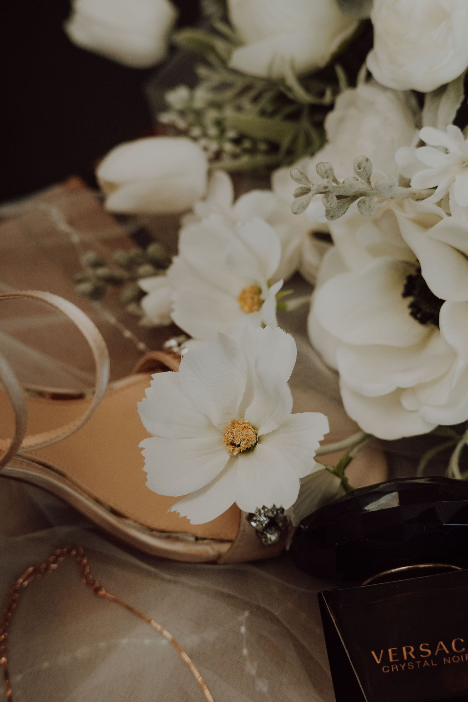 White cosmos flowers and accessories with a Versace tag on a reflective surface.