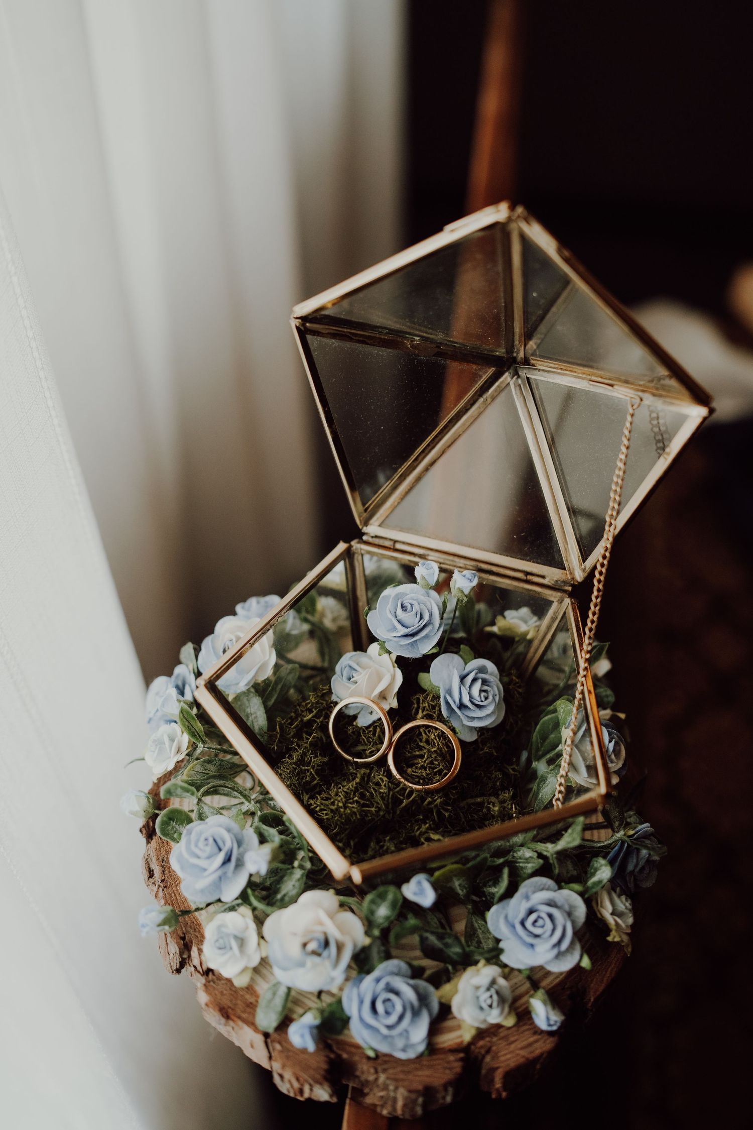 Wedding rings displayed in a geometric glass terrarium with blue roses and moss on a rustic wooden surface.