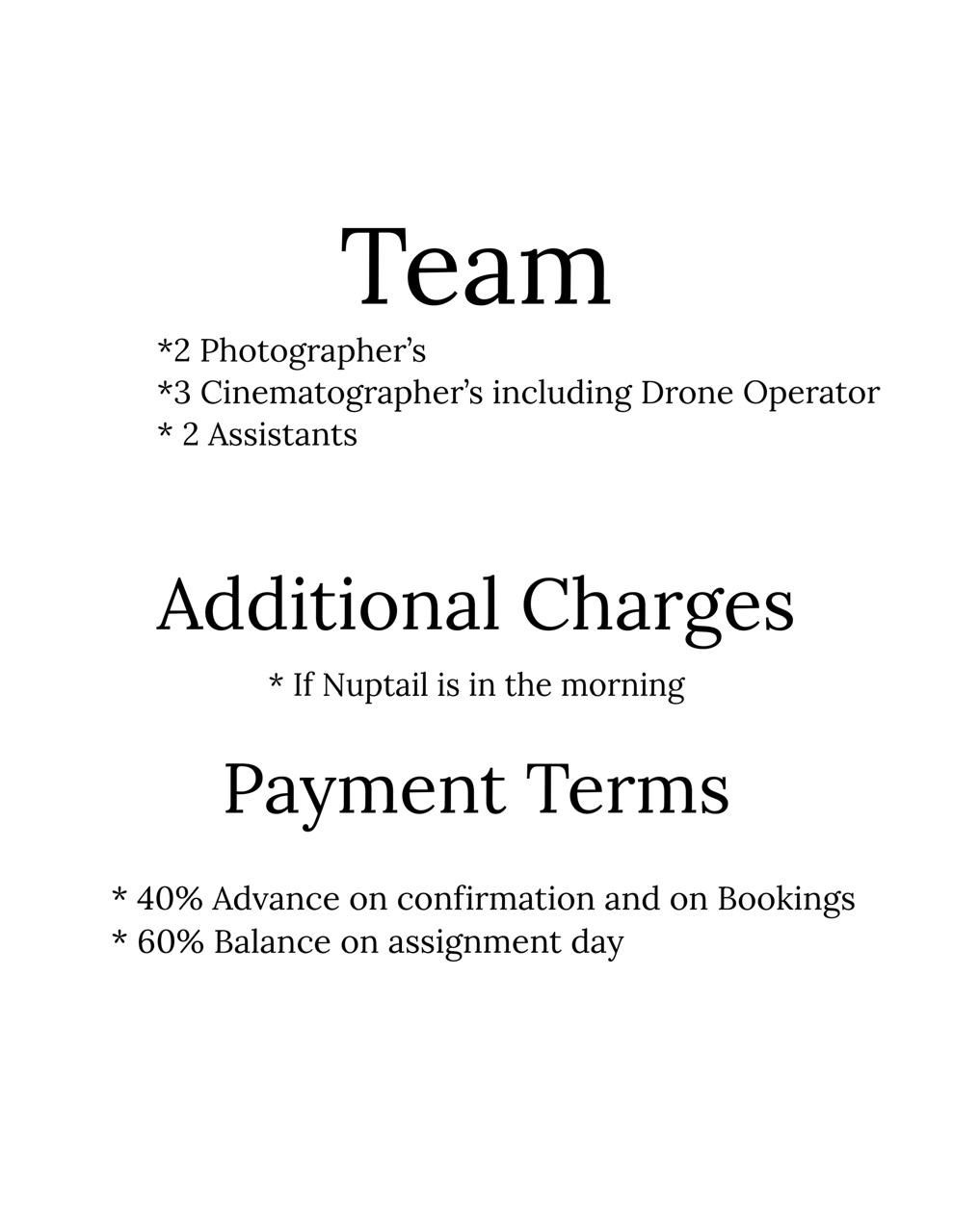 Wedding photography package details showing team composition, additional charges, and payment terms with 40% advance required.