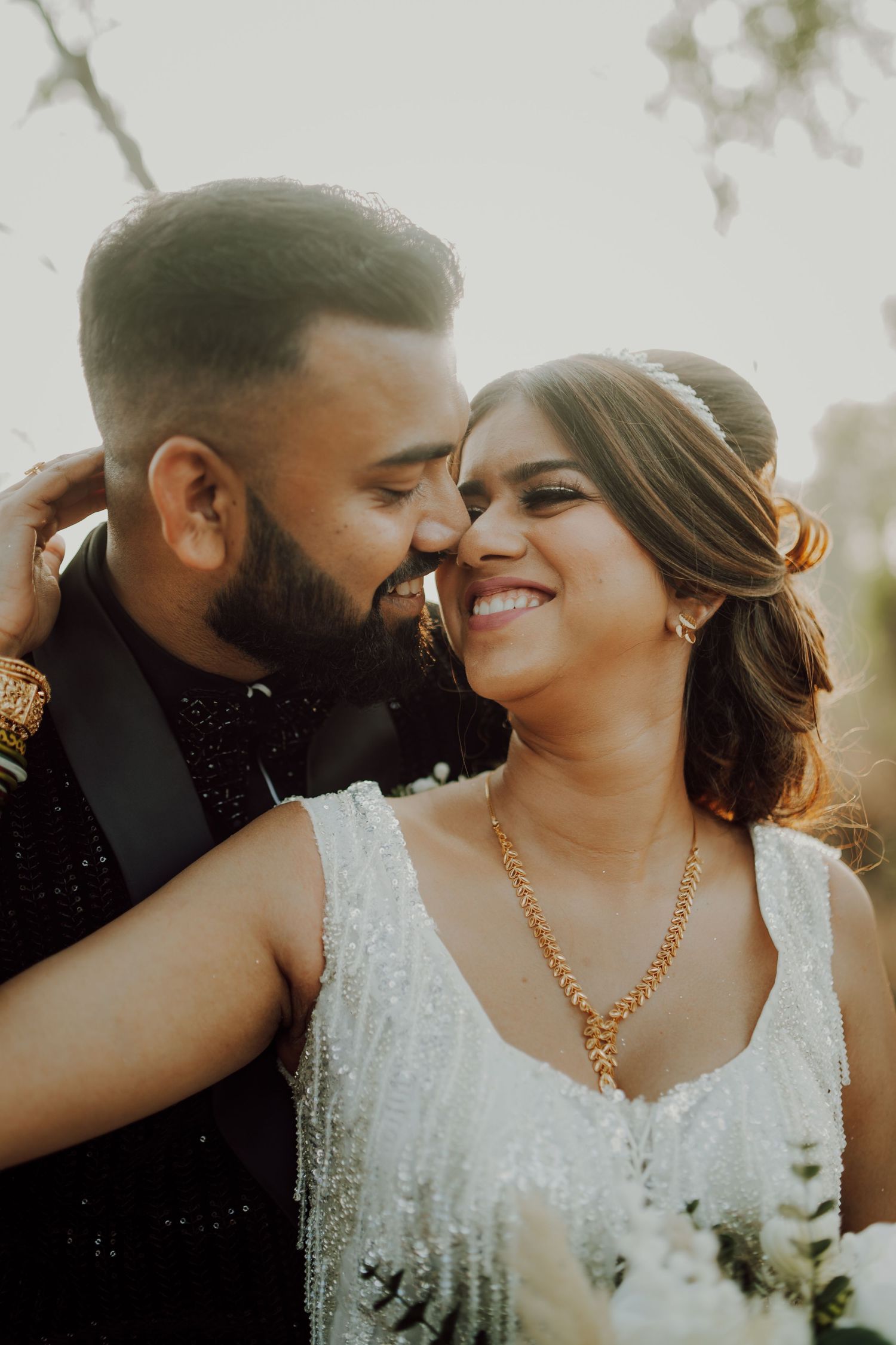Romantic wedding couple shares intimate moments in a series of candid photographs against a sunlit outdoor backdrop.